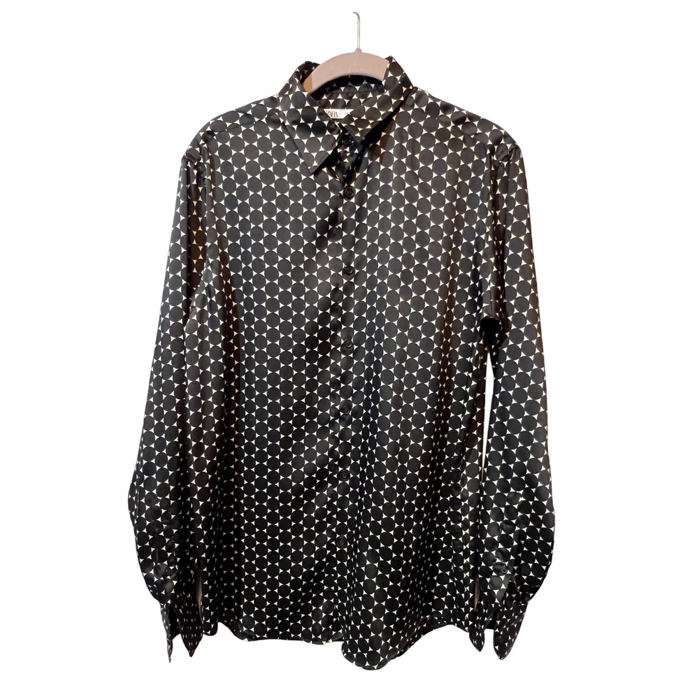 Zara Women's Small Button Down Shirt Black White Circle Print Long Sleeve - Picture 1 of 10
